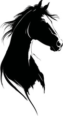 Poster - Black silhouette of a majestic horse head with flowing mane, artistic illustration. Vector illustration