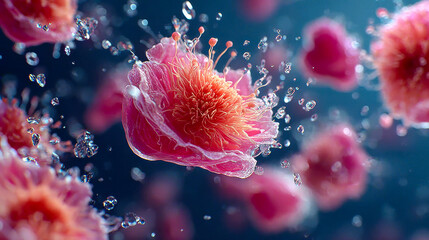 Poster - Artistic 3D visualization of a vibrant, abstract cell structure with filament-like petals and glowing nucleus details