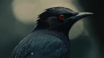 Poster - A close-up image of a black bird perched on a wet surface, its bright red eyes visible