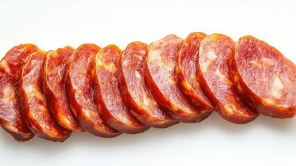 Poster - Close-up shot of sliced sausage on a white surface, perfect for food or cooking illustrations