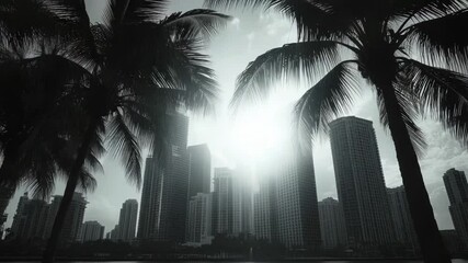 Aufkleber - A black and white photograph of a cityscape featuring palm trees