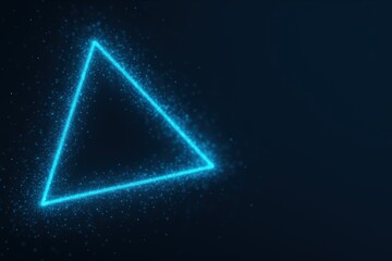 Poster - Blue Neon Triangle Shape with Glowing Particles on Dark Background in Abstract Digital Concept