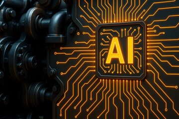 Poster - Futuristic Circuit Board Design Featuring AI Text and Intricate Lines of Electrical Connections