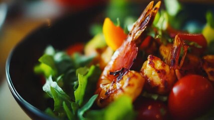Poster - Fresh greens, succulent shrimp, and juicy tomatoes come together in this delicious-looking salad