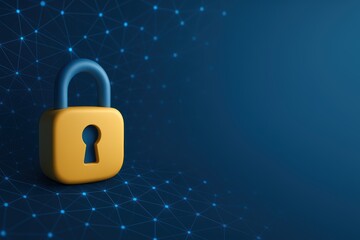 Poster - Yellow padlock icon on blue digital background with interconnected network nodes and lines