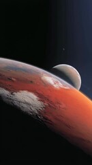 Wall Mural - Spectacular red planet and satellite orbiting, showcasing detailed surface features from orbital perspective, in deep space