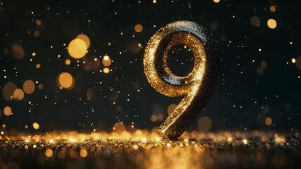 Poster - Sparkling golden number nine surrounded by glowing bokeh on a dark background