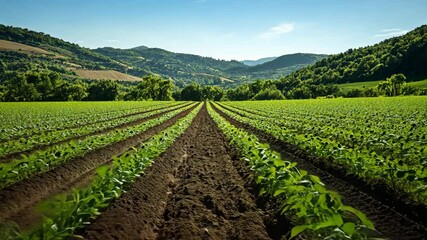 Wall Mural - lush green fields and crops beautiful rural landscape in nature under clear blue sky
