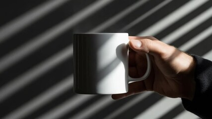 Aufkleber - Hand holding white mug against striped shadow background, conceptual minimalist art