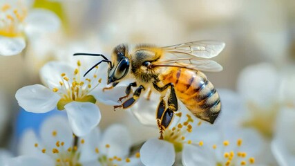 Poster - Close-up of honeybee on white flowers with blurred background, nature macro photography