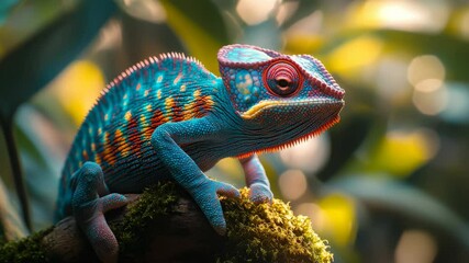 Poster - Vibrant blue and orange chameleon on mossy branch in blurred jungle setting