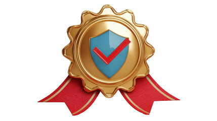 Fototapete - Golden badge featuring a red ribbon overlaying a shield with a red check mark, symbolizing quality and achievement against a transparent background for design integration