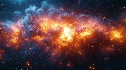 Poster - Fiery orange nebula glowing in deep space with bright stars and cosmic clouds