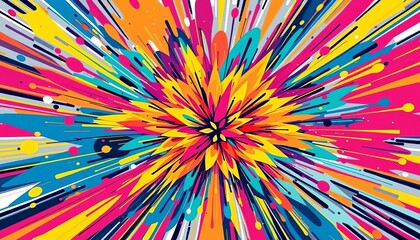 Wall Mural - A chaotic burst of vibrant colors, dynamic lines, and cartoonish shapes, suggesting an explosion,  dynamic,  bright