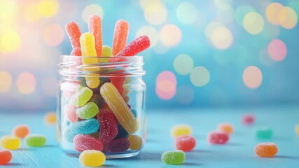 Aufkleber - Colorful gummy candies in glass jar with bokeh background, sweet temptation