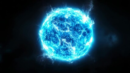 Poster - Glowing blue electric sphere with lightning effects on a dark background