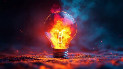 Poster - Glowing light bulb filled with vibrant fire and smoke, 3d illustration concept
