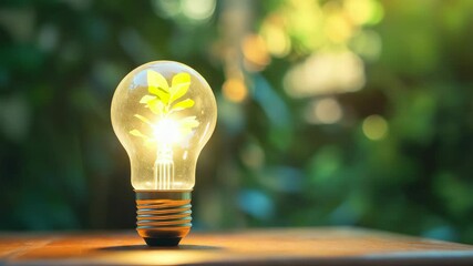 Poster - Light bulb with green plant inside on wooden table in garden: eco innovation