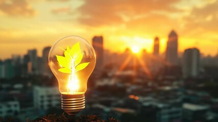 Poster - Lightbulb with green plant inside against city skyline at sunset, renewable energy concept