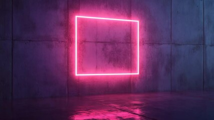 Poster - Neon pink square glowing on a dark concrete wall, modern minimal art concept