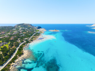 Wall Mural - beach la pelosa, sardinia, italy. summer vacation and rest. beach, people and umbrellas. top view fr