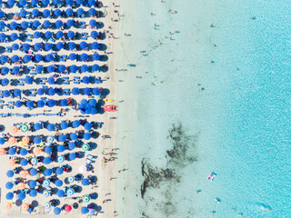 Wall Mural - summer vacation and rest. beach, people and umbrellas. top view from drone at the beach and azure se