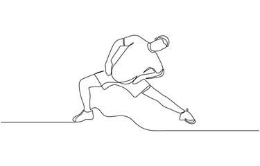 Aufkleber - Man make stretching exercise continuous one line drawing. Hand drawn fitness concept, Activity performed to improve fitness, strength, or overall health. Sport theme design vector concept.