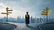 © Wararat - Student in graduation attire standing thoughtfully at intersection with directional signs, modern city skyline in distance, visual metaphor for career choices and life direction