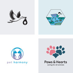 Poster - creative collection of various logos featuring a stork carrying an idea animal welfare icons and pet