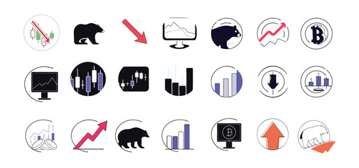 Fototapete - Financial markets and cryptocurrency trading illustrated with various chart icons in a modern and minimal design.