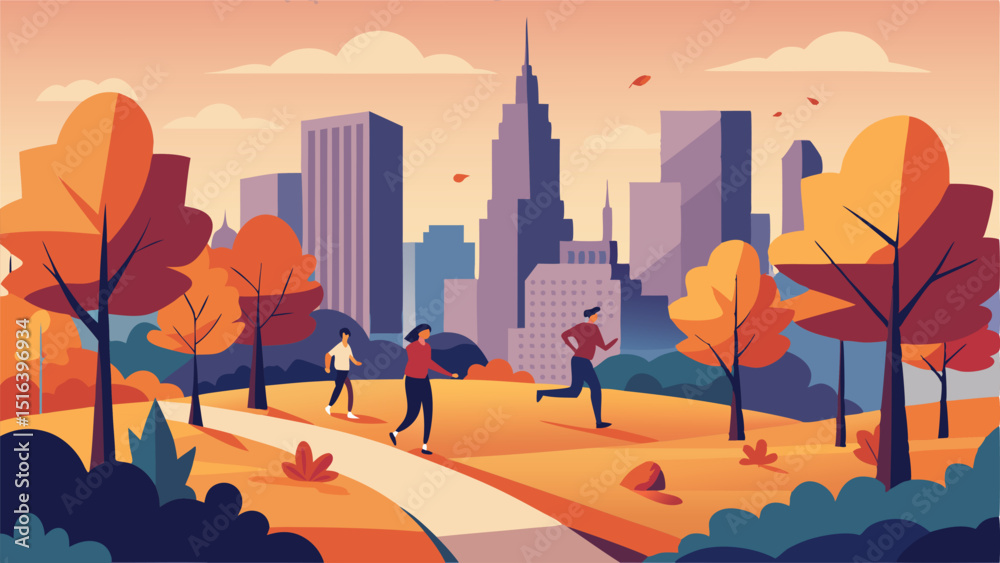 Autumn city park scene with people walking and running vector art Stock ...