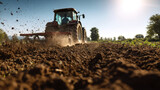 Farmer operating tractor on organic farmland, low-angle shot highlighting soil movement and environmental impact, clear weather and natural surroundings