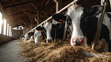 Group of dairy cows eating hay from feeding trough inside clean cowshed, natural light streaming in, calm atmosphere, showing healthy livestock and modern farm management