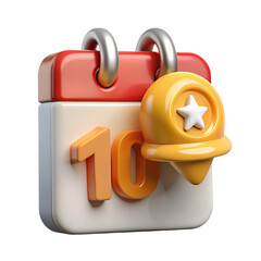 Fototapete - 3d rendered calendar showing the date 10 with a bell icon and star symbol over transparent background