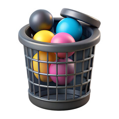 Poster - 3d rendering of a gray trash bin filled with colorful spheres displayed against a transparent backdrop in a plastic-style icon