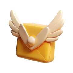 Poster - 3d rendering of a yellow envelope with cream-colored wings symbolizing fast communication and email delivery.