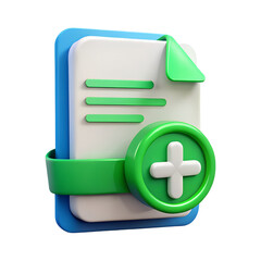 Poster - 3d rendering of document icon with a plus sign inside a green circle representing adding file or creating new document