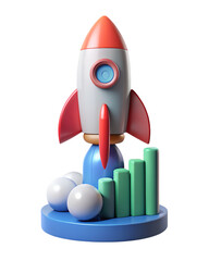 Poster - A 3d rendering of a stylized rocket and financial growth chart against a black background