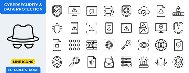 Poster - Cybersecurity & Data Protection Line Icons Set - Digital Security, Privacy, Network Safety, Antivirus, and Encryption Vector Outline Collection