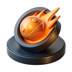 Poster - A modern 3d rendering of a futuristic plastic-style icon featuring a glowing orb and fiery elements on a pedestal