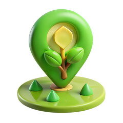 Poster - A vibrant 3d rendering of a location pin icon featuring a growing tree symbol over a lush green field