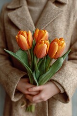 Poster - Vibrant Tulips in the Hands of a Woman Dressed in a Beige Coat Against a Soft Backdrop, Celebrating the Beauty of Natural Light and Subtle Elegance