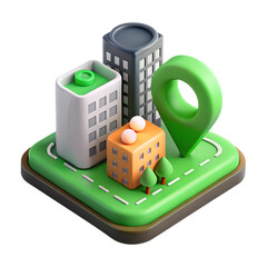 Poster - A vibrant 3d rendering of cityscape with buildings location pin and trees icon isolated on transparent background