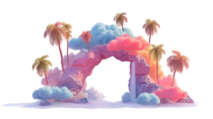 Wall Mural - colorful clouds surround a rock arch with a waterfall and palm trees growing on a tropical island fl