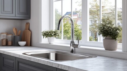 Aufkleber - Stylish Kitchen Sink Featuring Modern Gooseneck Faucet and White Marble Countertop, Enhanced by Bright Natural Light Filtering Through a Large Window