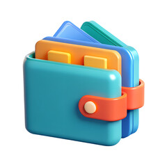 Poster - Colorful 3d rendering of a stylish wallet containing colorful credit cards in plastic-style icon form on a transparent background.