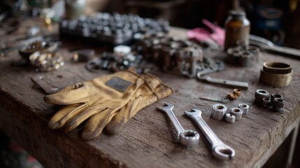 Poster - Tools, gloves, and machinery parts on a workbench in a rustic workshop during the afternoon