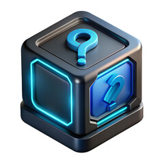 Poster - Futuristic 3d rendered cube featuring a question mark and number two symbol icon in a glowing neon plastic-style