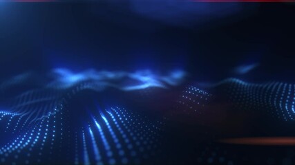 Poster - Blue glowing particle waves forming a futuristic abstract landscape with soft depth and digital texture