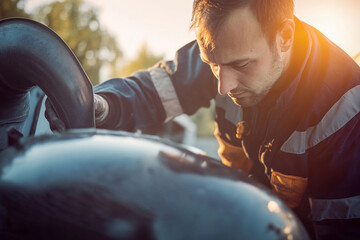 Poster - Skilled technician inspecting engine at sunset Generative AI